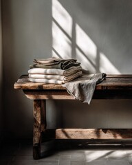 Stacked linen textiles in muted earth tones rest on a rustic wooden bench, bathed in sunlit shadows from a nearby window