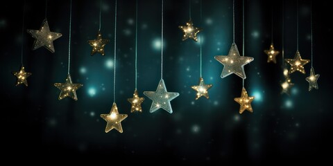 A festive, starry night sky with twinkling lights and stars, set against a dark blue background with a few stars scattered around.