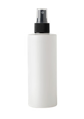 White blank plastic spray bottle for cosmetics product mockup standing on white background