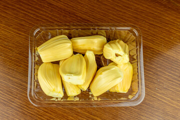 Fresh durian pulp in a plastic box