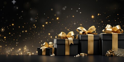 A black and gold gift box with a ribbon and bow on a black background with stars and snowflakes.