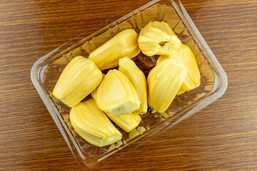 Fresh durian pulp in a plastic box