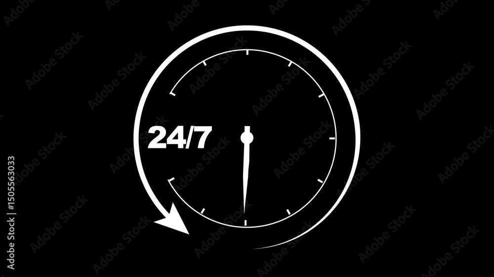 Poster abstract clock 24 hours icon on dark background.24 hours timer clock icon and all-time service 24/7-