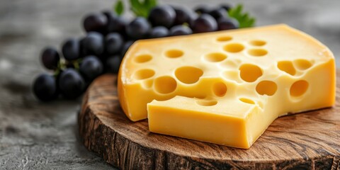 Cheese and grapes displayed on rustic wood board in a well-lit kitchen