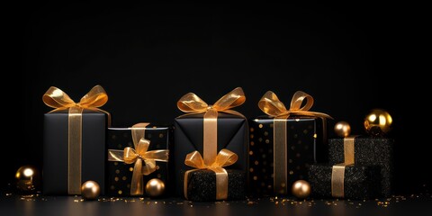 A black and gold Christmas gift box with a gold bow on a black background with gold and black ornaments.