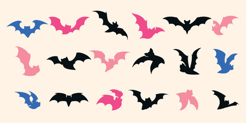 Halloween Set of Flying Bats with Pink, Blue and Black Colors on Cream Background. Whimsical scary bat silhouettes scattered across soft beige, perfect for party invitations, print, fashion, cards