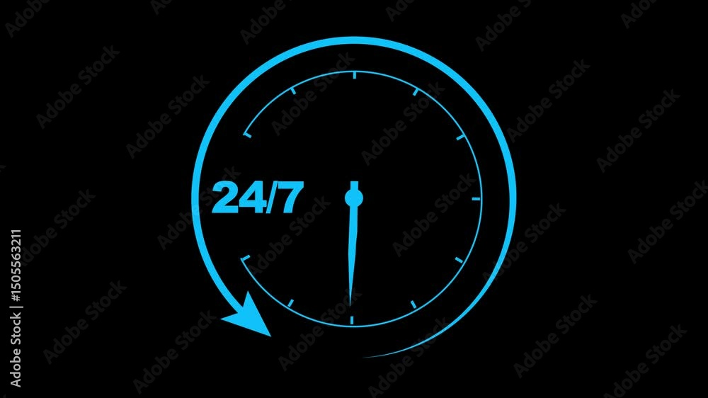 Poster abstract clock 24 hours icon on dark background.24 hours timer clock icon and all-time service 24/7-