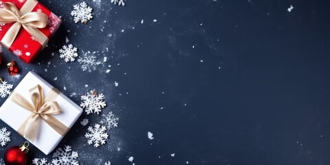 A festive Christmas scene with a red and white gift box, a red and gold ribbon, and snowflakes on a dark background.