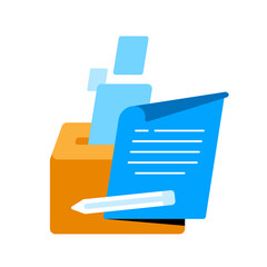 Feedback suggestion box illustration. Flat design of comment box with note paper and pen. giving opinion, review, suggestion. for UI, customer service, survey form, testimonial section, and feedback