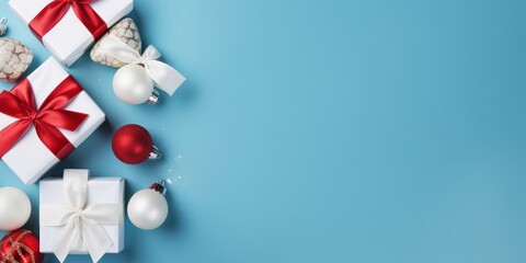 Christmas presents and ornaments on a blue background