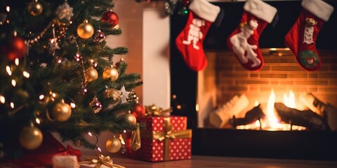 A cozy Christmas scene with a lit-up Christmas tree, stockings hanging from a fireplace, and a warm, inviting atmosphere.