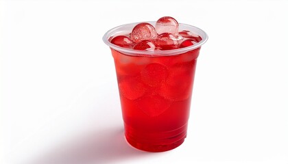 a plastic cup with bright red lemonade lots of ice and juice balls a cool summer drink with ice isolated on a white background
