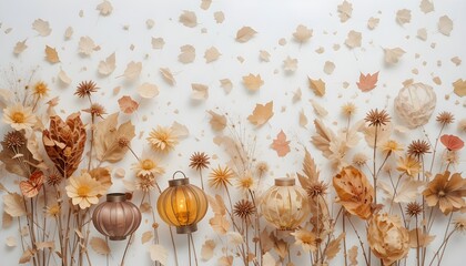 Obraz premium Flatlay of Dried Flowers, Fall Leaves, and Lanterns on a White Background