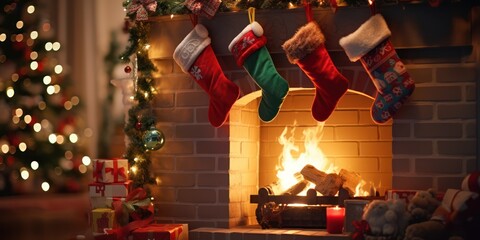A cozy Christmas scene with a lit fireplace, decorated with stockings and ornaments, and a Christmas tree in the background.