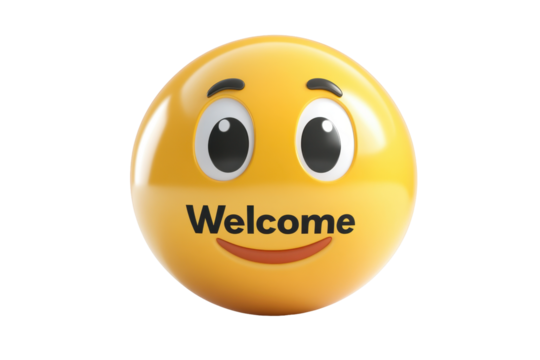 Smiling yellow welcome emoji with large eyes and friendly expression on a transparent background for communication and greeting purposes