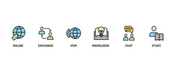 E-learning banner web icon set vector illustration concept with icon of online, seminar, exchange, voip, knowledge, chat, study and download