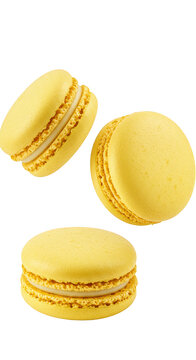 Isolated Photo of Three Yellow Macarons with Cream Filling on Transparent Background