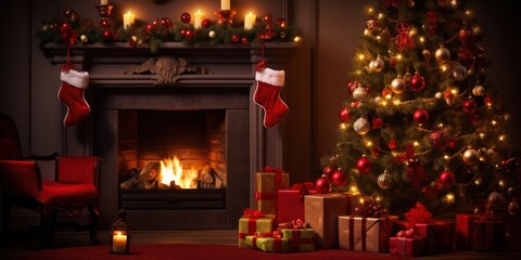 A cozy Christmas scene with a lit fireplace, a decorated Christmas tree, and a red chair in front of the tree.