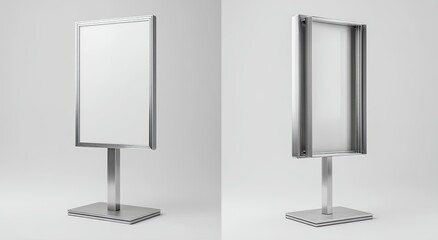 Modern, freestanding,  advertising display.  Two views showcase adjustable,  metal stand.  Blank,  rectangular panel