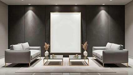 Luxury living room interior, sofa, tables, minimalist decor, large white mockup frame on textured dark wall, elegant lighting