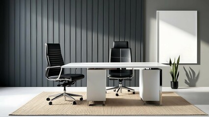 Modern executive office interior with a dark textured accent wall, minimalist white desk, leather ergonomic chair, small potted plant, sleek lighting, and a large white mockup frame on the wall