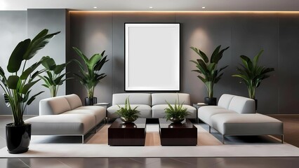 Luxury modern living room minimalist decor, high-end modern aesthetic, large white mockup frame centered on textured dark wall elegant lighting, interior with attractive color combination