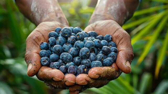 hands holding fresh blueberries, berry farming concept, healthy eating, food industry