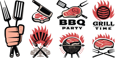 Barbecue Grill Emblems Set with Retro Designs for Restaurant or Event