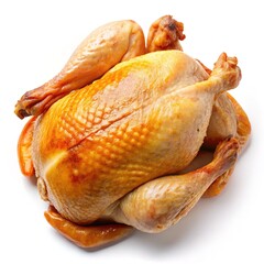Delicious golden brown roasted chicken isolated on a white background ready to eat