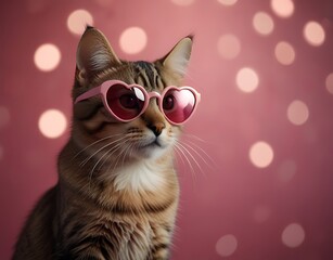 Cute cat wearing pink heart sunglasses