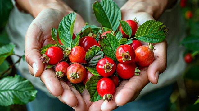 hands holding ripe rose hips in close up, harvest and herbal medicine concept of natural remedies, organic farming, health industry