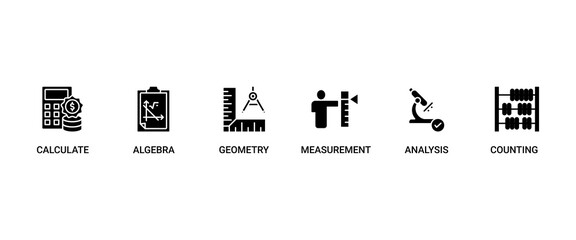 Mathematics banner web icon set vector illustration concept with icon of calculate, algebra, geometry, measurement, counting, analysis and educate