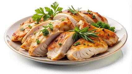 Delicious slices of grilled chicken breast with herbs on a plate