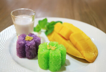 Delectable Pandan Leaf flavored and Butterfly Pea Flower Colored Sticky Rice with Fresh Ripe Mango