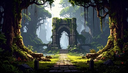 【ドット絵風】森の中に残された古代遺跡のイラスト