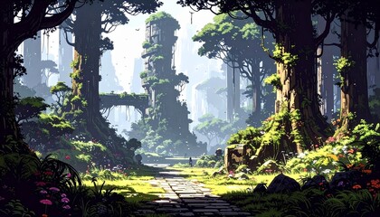 【ドット絵風】森の中に残された古代遺跡のイラスト