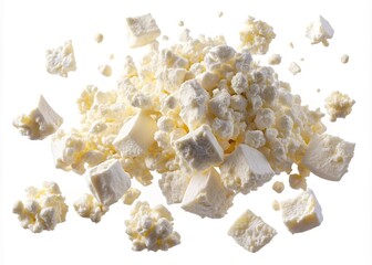 Pile of crumbled fresh white cheese isolated on a clean white background