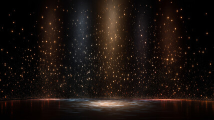 Elegant stage illuminated by cascading golden lights and spotlights reflecting on glossy floor