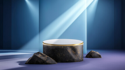 Luxurious black and gold pedestal under dramatic blue spotlight with textured rocks