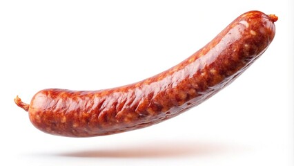 Close up studio shot of a whole smoked sausage on white background