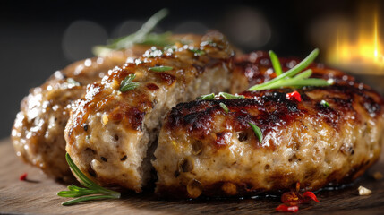 Grilled sausage with herbs and spices on wooden board, juicy and flavorful close up food image