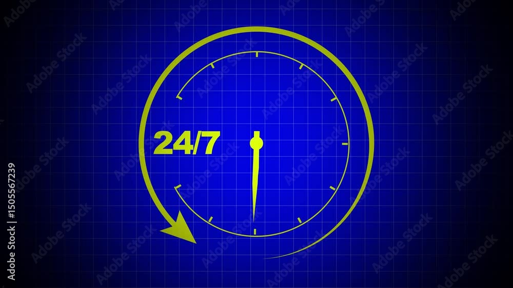 Poster abstract clock 24 hours icon on blue grid background.24 hours timer clock icon and all-time service 