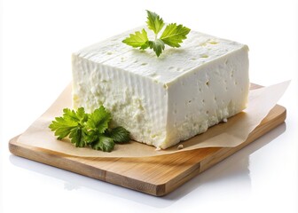 A block of feta cheese garnished with celery on a wooden board