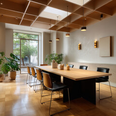 Minimalist coworking space with wooden table, black and brown chairs, pendant lights, and indoor plants creating calm