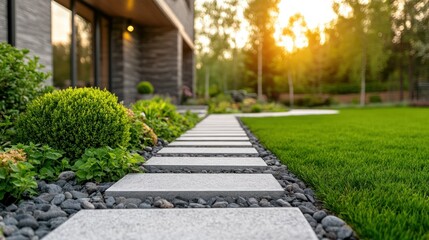 Modern landscaping with pathway and greenery.  Landscaped garden with stone walkway and lush plants leading to modern home