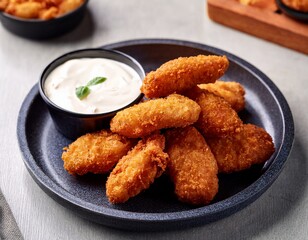 a plate of crispy fried food with a side of white sauce