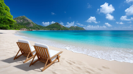 Tropical beach with empty lounge chairs facing turquoise sea and lush green mountains under clear blue sky