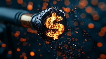 A glowing dollar sign on a gas pump nozzle surrounded by dynamic, fiery sparks on a dark background.