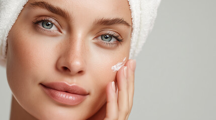 Woman with fresh glowing skin applying moisturizing cream to cheek while wearing white towel wrap
