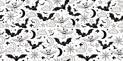 Monochrome Halloween Seamless Pattern with Bats, Moons, Stars, and Spiderwebs. Elegant black and white design full of spooky motifs, ideal for gothic stationery, Halloween packaging, wallpapers, print